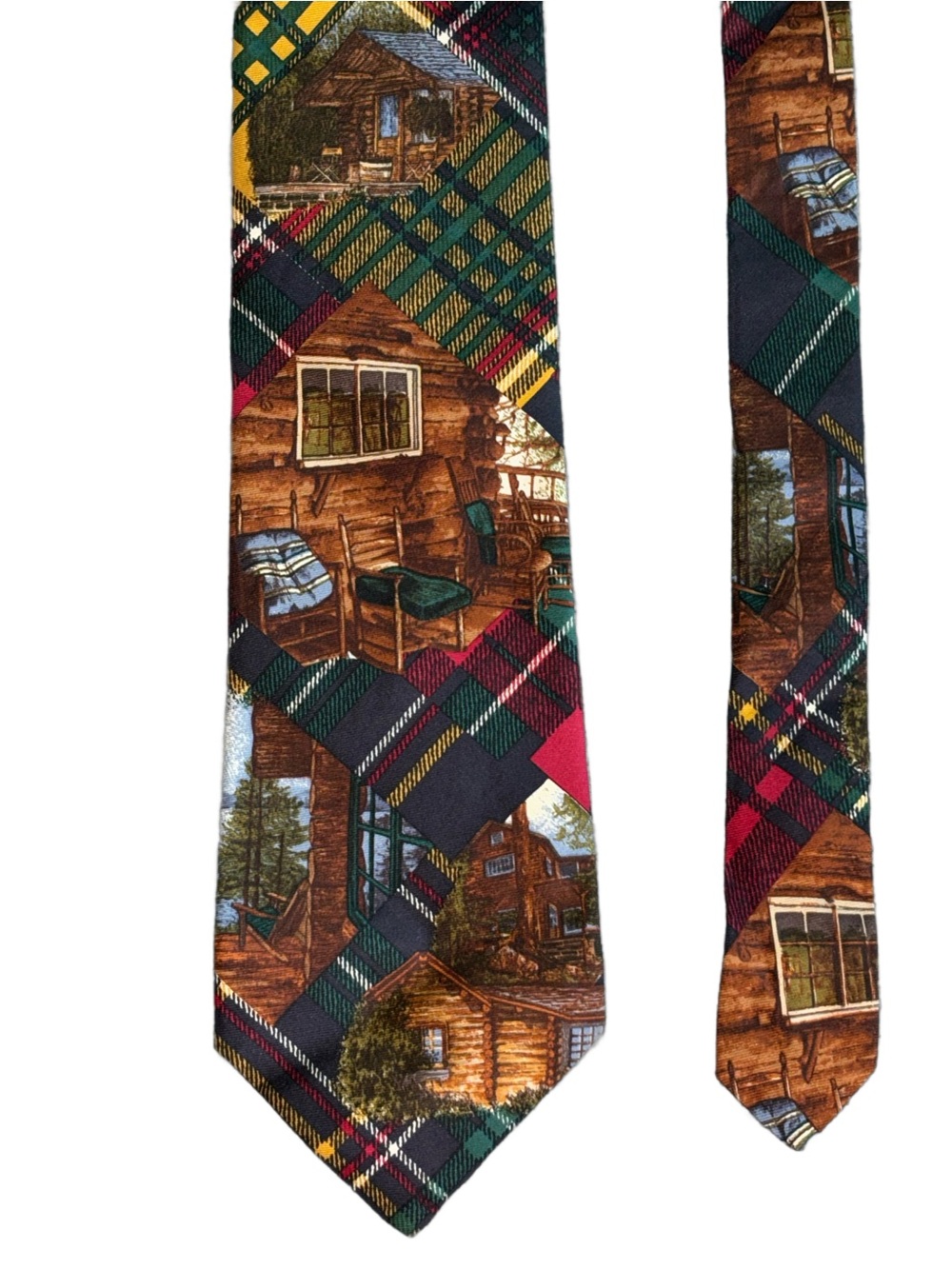 STRUCTURE Rustic Cabin in Woods Red Green Blue Brown Colored Tartan Silk Tie